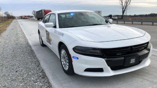 An Indiana State Police cruiser during a roadside enforcement operation near Lawrenceburg